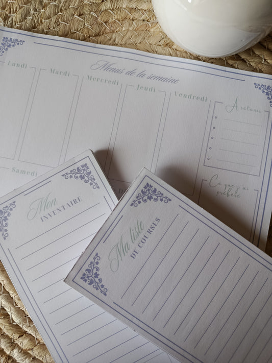 Kit de 3 Bloc-notes - Ma Liste de Courses, Mon Inventaire & Menus de la Semaine